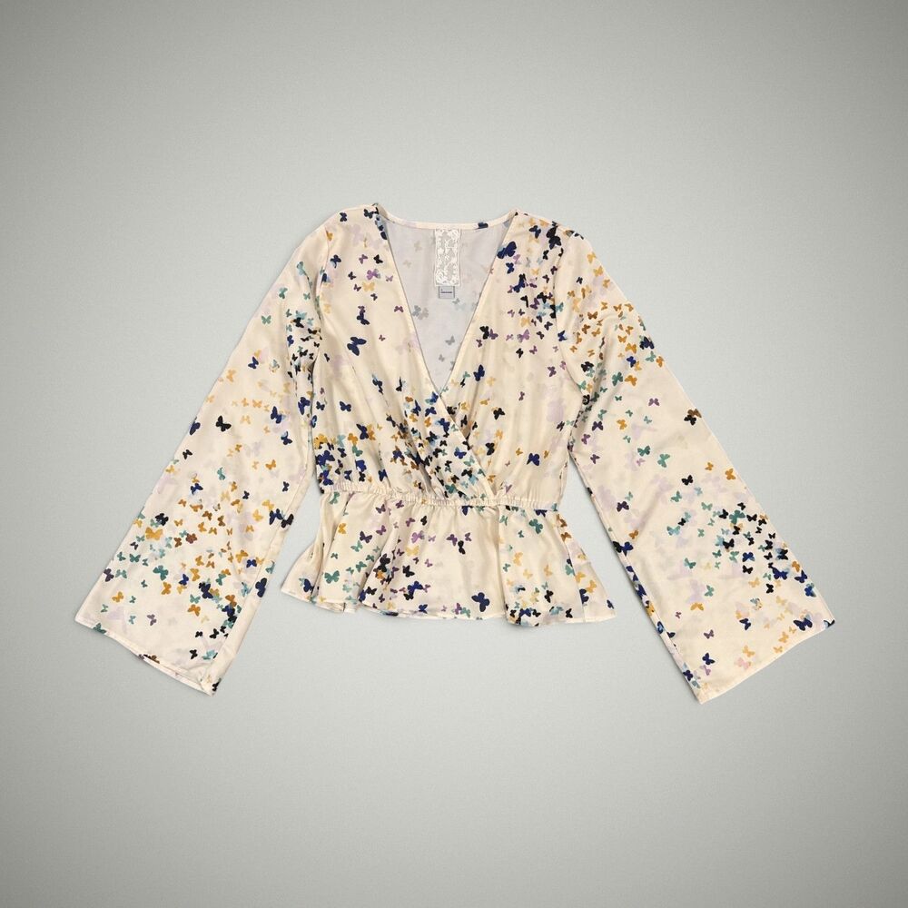 Sadie & Sage Butterfly Print Faux Wrap Peplum Blouse Bell Sleeve Cream Womens Sm